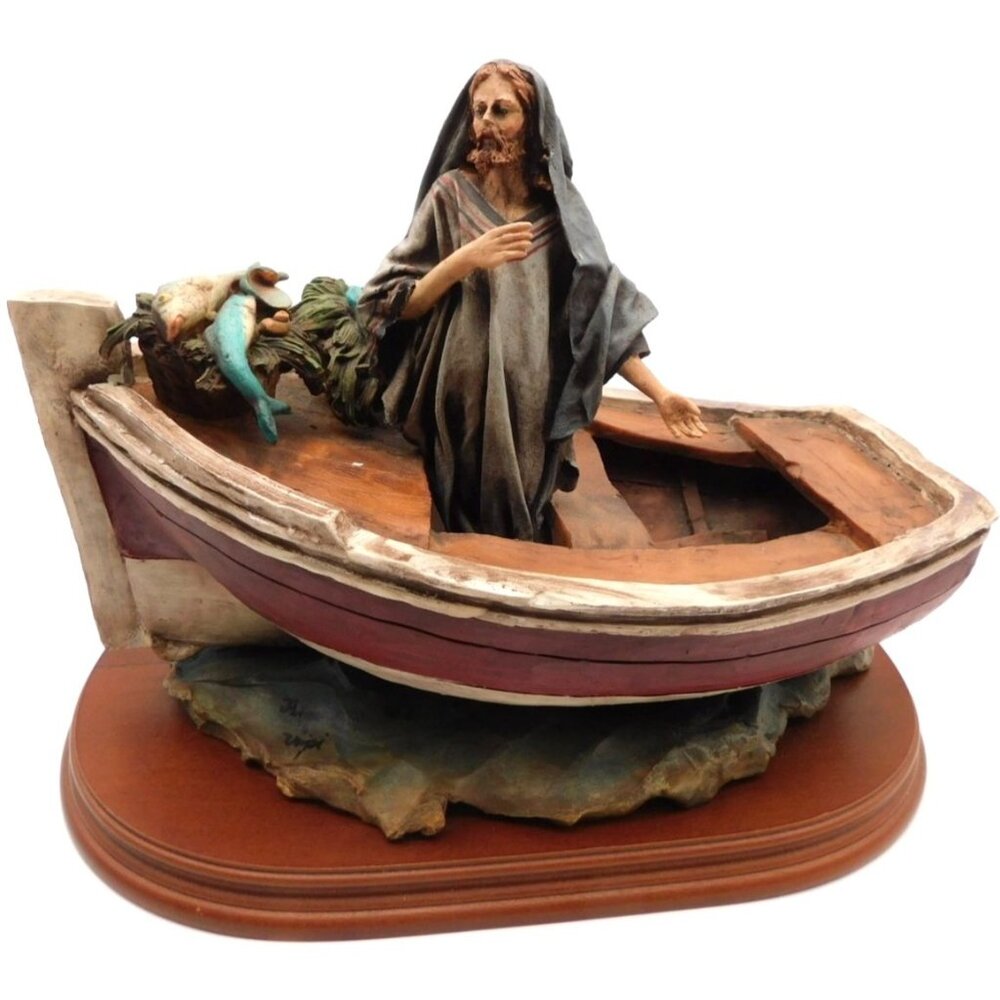 Rare Angela Tripi Sculpture Jesus and the Fish Boat Signed Figure Roman 1988